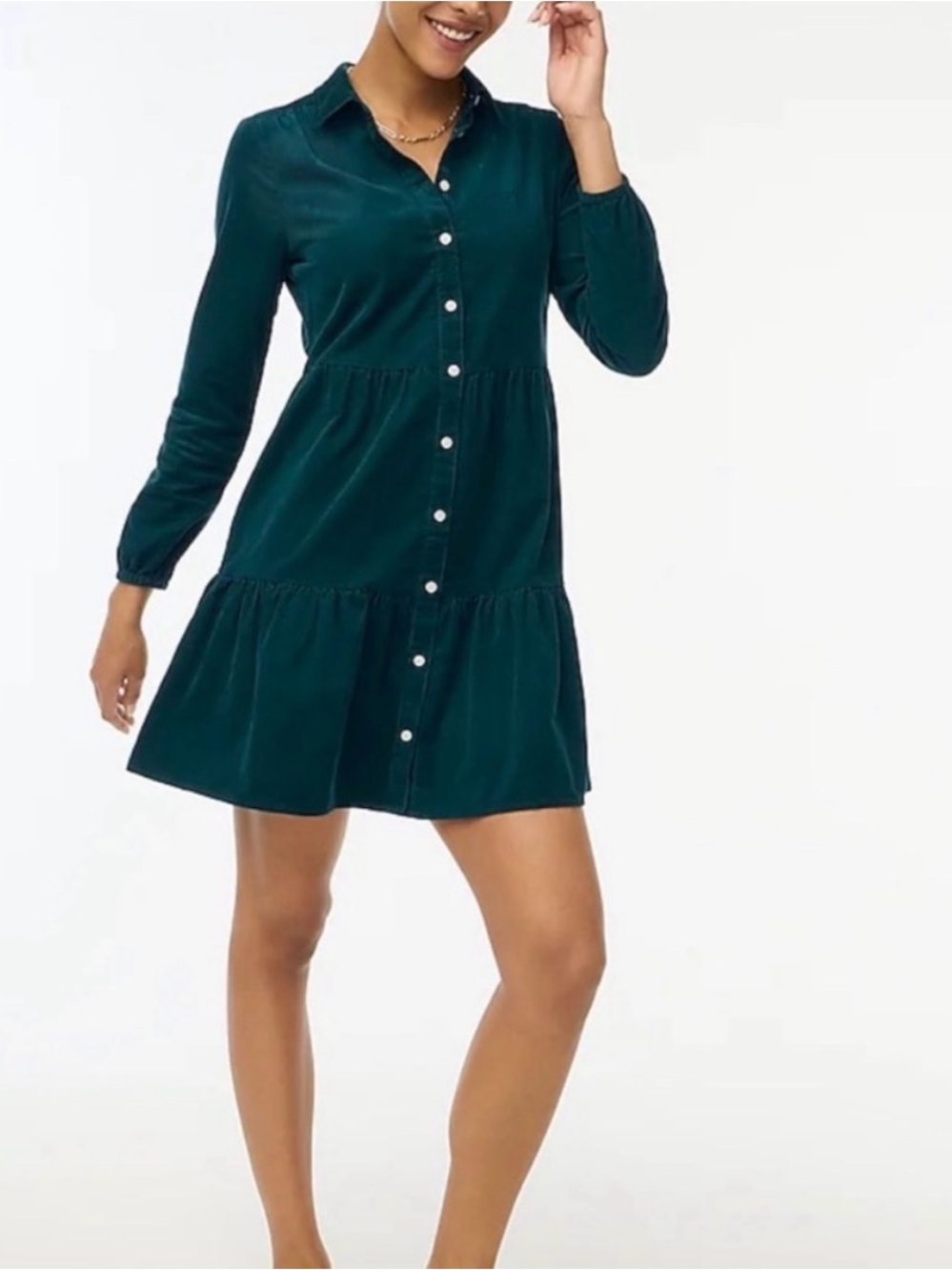 J. Crew Green Tiered Mini Shirtdress Corduroy Collared Button Front Size 6